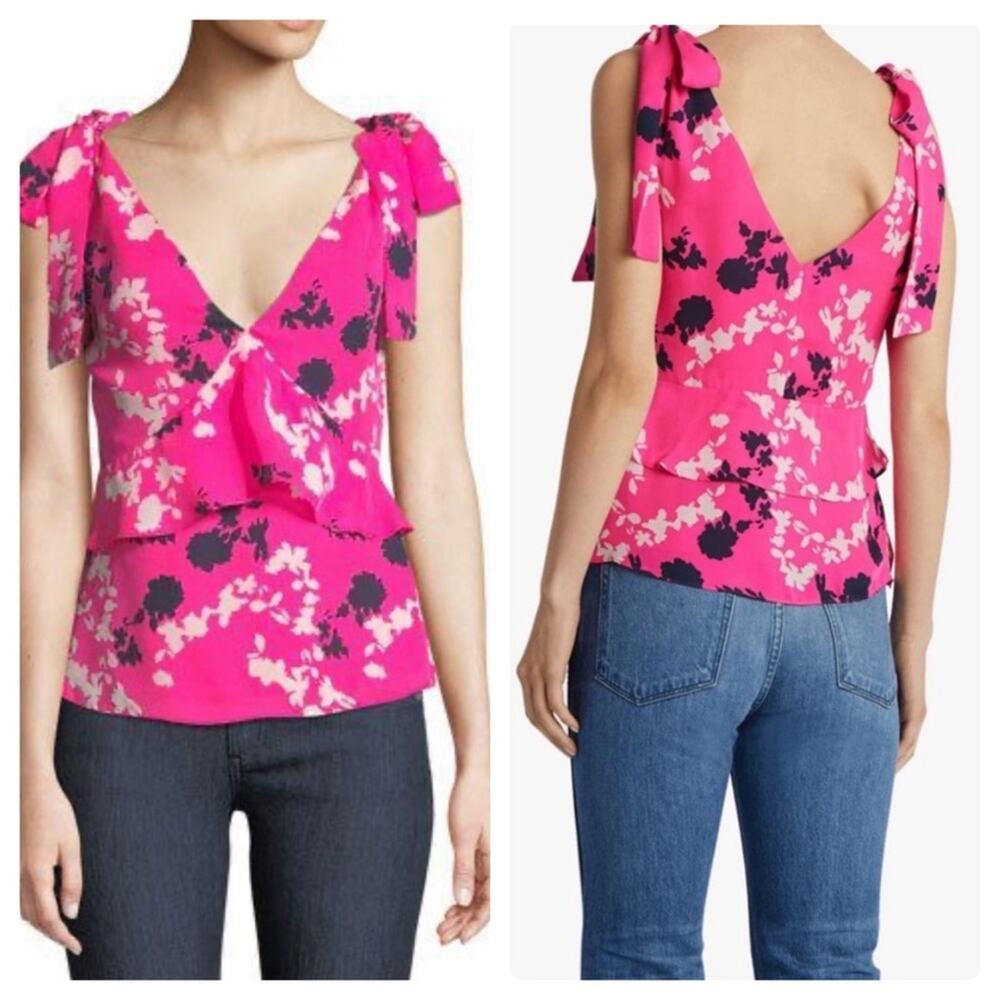 Tanya Taylor Sierra Floral Silk V-Neck Top Hot Pink